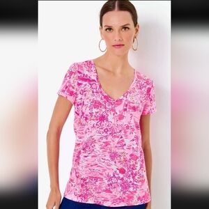 Lilly Pulitzer Etta Scoop Neck Top Peony Pink Seaside Scene Size XL
